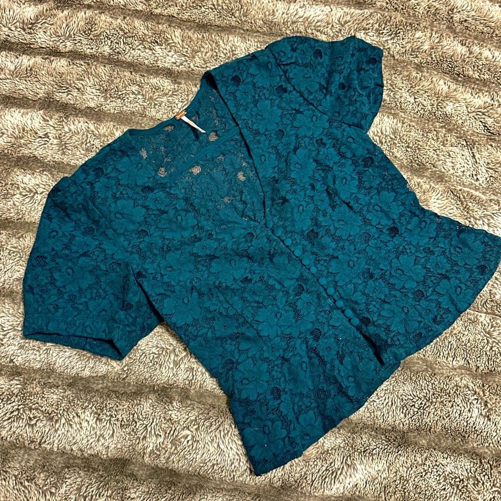 Free People Turquoise Lace Short Sleeve Button Peplum Blouse, Size Medium